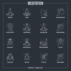 Meditation set: girl in lotus pose, neurofeedback device, gyan mudra, balance, reduce stress, guided meditation, breathing practice better sleep, improves memory. Thin line icons. Vector illustration.