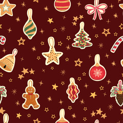 Vector modern seamless pattern with colorful hand draw illustration of Christmas decorations. For wallpaper, textile print, fills, web page, surface textures, wrapping paper, design of presentation