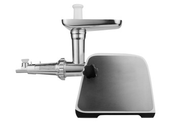 new electric meat grinder, complete with a screw attachment for squeezing juice, on a white background
