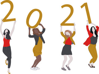 Christmas and Happy New Year greeting card with dancing girls and figures with 2021 year. Womens invite and celebrate the coming of the New Year. Vector illustration for postcard, poster, invitation. 