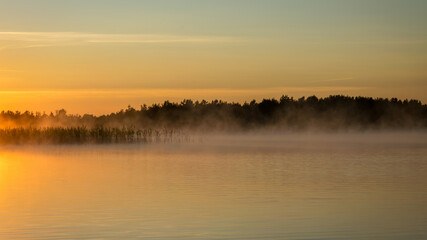 Foggy weather early in the morning on the lake. beautiful wallpapers. a mystical mist vibrates in the lake. summer sunrise