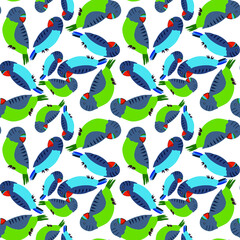 Creative seamless pattern with tropical birds, parrots, leaves and flowers. Trendy texture with hand drawn exotic plants. Swimwear botanical design. Jungle exotic summer print.