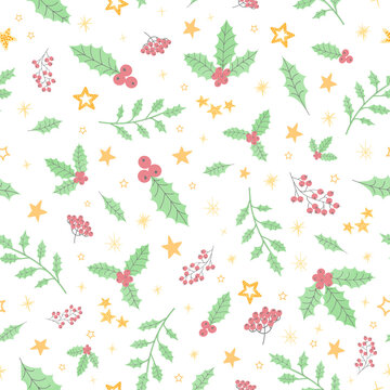 Vector modern seamless pattern with colorful hand draw illustration of Christmas decorations holly. Wallpaper, textile print, fills, web page, surface textures, wrapping paper, design of presentation