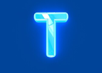 Blue glossy neon light glassy transparent font - letter T isolated on dark blue, 3D illustration of symbols