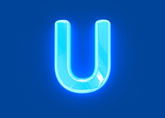 Blue glossy neon light glass made crystal font - letter U isolated on dark blue, 3D illustration of symbols