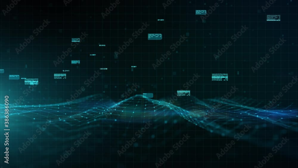 Poster blue digital cyberspace digital data network connections, wave flowing with lines and dots connectio