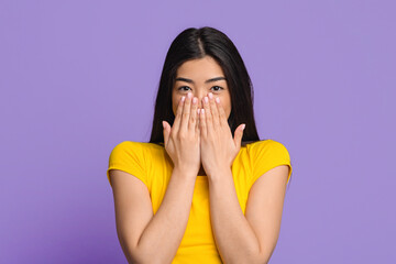 Happy Excitement. Cheerful Brunette Woman Sincerely Smiling And Covering Mouth With Hands, Received...