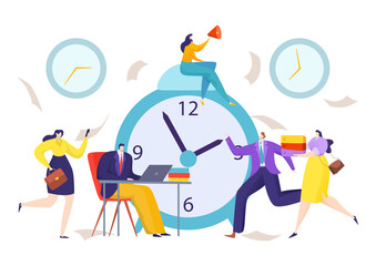 Time at clock for business deadline, vector illustration. Flat countdown for cartoon team concept, people near hour timer at office. Alarm watch and graphic manager, stress job style.