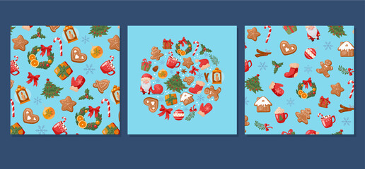 Winter template with New Year's illustrations and prints. Cute christmas banner design in cartoon style. Set of festive elements, christmas tree, santa claus, gingerbread cookies and more.