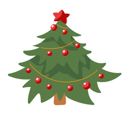 Christmas tree in garlands and decorations..Vector illustration in cartoon style. Isolated on white.