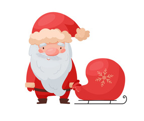 Santa claus with a bag of Christmas gifts..Vector illustration in cartoon style. Isolated on white.