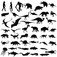 Set of vector silhouettes of dinosaurs. Collection of dinosaurs. Black ancient animals. Ancient animals silhouette, vector illustration.