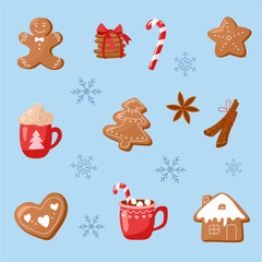 Hot chocolate, gingerbread, cinnamon, lollipop. Set of vector illustrations in cartoon style. Isolated on white.