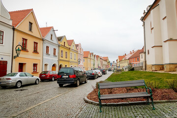 Fototapeta na wymiar Renaissance buildings in medieval town, Historic city Horsovsky Tyn, Czech Republic
