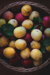 Yellow plums and red apples in a basket, shot from above