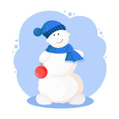 New year cartoon illustration with a funny snowman wearing a hat and a scarf. Cute winter characters isolated on white background.
