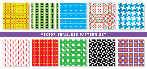Vector seamless pattern texture background set with geometric shapes in yellow, orange, green, black white, blue, pink, purple, orange colors.