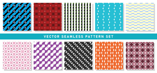 Vector seamless pattern texture background set with geometric shapes in blue, black, white, red, green, yellow, pink, purple, orange colors.