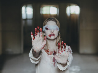 Blind woman lost in dungeon. Halloween themed image.