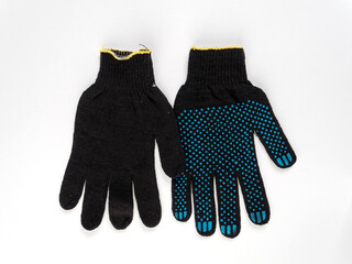 gloves in an assortment of construction gloves for a garden and a vegetable garden on a white background