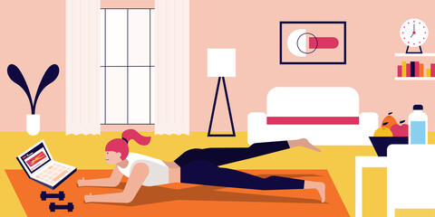Illustration vector cartoon flat of woman workout at home with laptop on floor. Healthy food and water bottle on table.