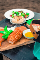 Delicious dinner set on table outside