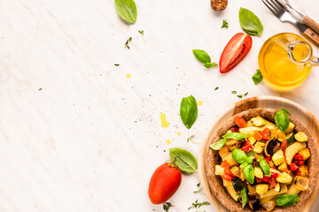 Homemade Italian Pasta with Vegetarian Sauce Served in Edible Plant Based Bowls. Eco Cooking.