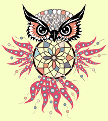 Indian decorative Dream Catcher owl in graphic style. illustration.