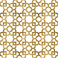 Abstract repeatable pattern background of golden twisted strips. Swatch of gold intertwined wavy bands. Seamless pattern with hearts.