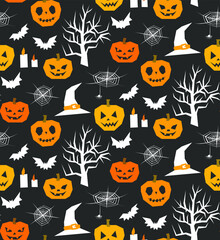 Obraz na płótnie Canvas Seamless vector Halloween pattern. Horror mystery background for fabric, textile, cover, wrapping, web etc. 10 eps design. Classic black and orange wallpaper.