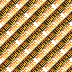 Seamless vector Halloween monsters signs patterns. Repeat orange signs on black and white stripes  background. For fabric, cover, wrapping, textile, web etc. 10 eps design.