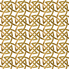 Abstract repeatable background of golden twisted strips. Swatch of gold plexus of chain links. Modern seamless pattern.