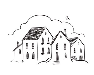 Fantasy illustration of traditional european village, beautiful rural style, traditional houses, digital black and white sketch, on white background