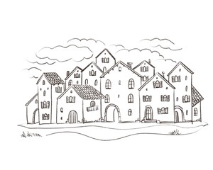 Fantasy French village, beautiful rural style, digital black and white sketch, on white background