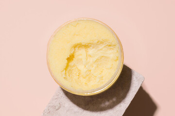 Body Scrub. Texture top view. Beige background