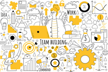 Team building doodle set. Collection of hand drawn sketches templates patterns of businesmen women clerks managers doing teamwork together. Corporate member communication and productive collaboration. © drawlab19