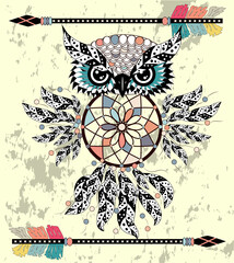 Boho style colored owl with tribal arrows. Bohemian tribal owl with a dream catcher. Totem owl