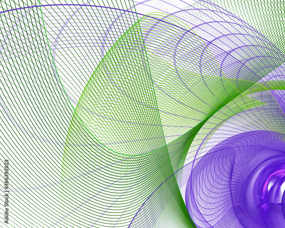 Poster violet and green nets in waves and arches fall on a white background. 3d rendering. 3d illustration.