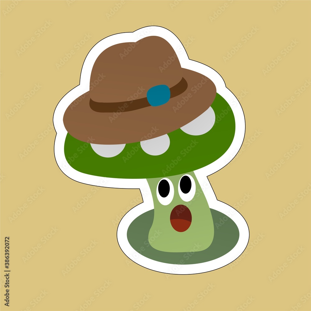 Wall mural Sticker of Green Mushroom Wearing a Hat While Opening its Mouth  Cartoon, Cute Funny Character, Flat Design