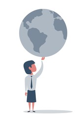 Businesswoman holding the world in her hands. Stock vector illustration for poster, greeting card, website, ad, business presentation, advertisement design.