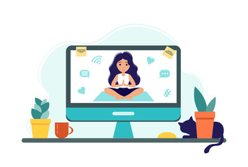 Online yoga concept with computer, plants and cat. Screen with girl in yoga lotus practices meditation. Vector illustration in flat style. Stay at home. Self-isolation.
