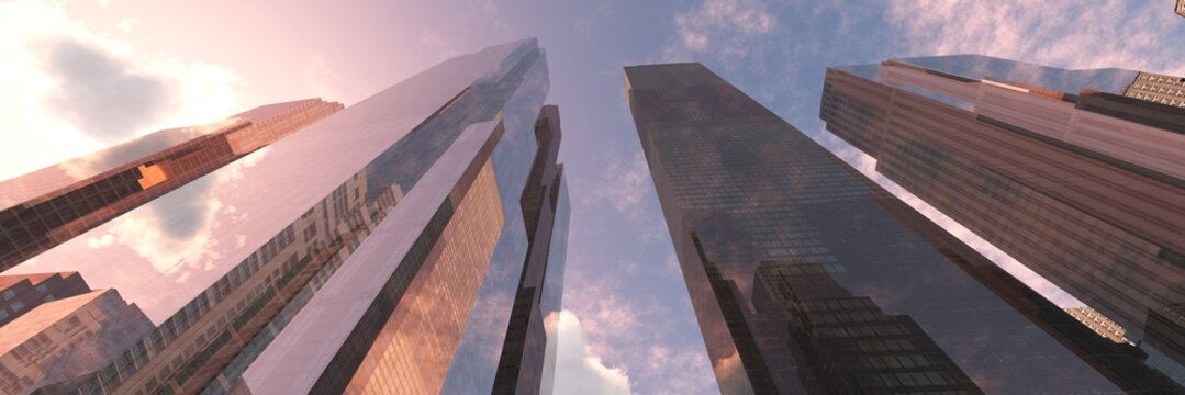Skyscrapers and the sky, clouds and skyscrapers, high-rise buildings from below, skyscrapers against the background of clouds, 3D rendering © ustas