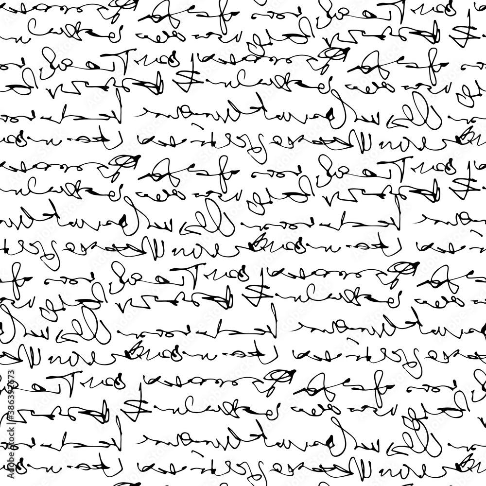 Poster Handwritten abstract text, scribbles vector seamless pattern, vector monochrome script isolated on white background