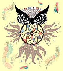 decorative dream catcher in graphic style with owl skull