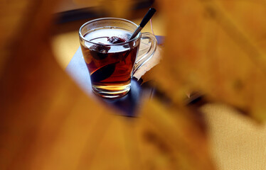 A Cup of tea on books with maple leaves, bokeh - the concept of a pleasant pastime with a Cup of...
