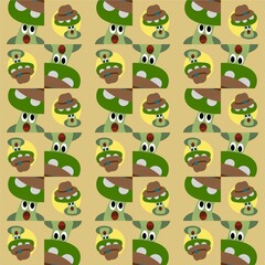 Obraz premium Green Mushroom Wearing a Hat While Opening its Mouth Cute Illustration, Cartoon Funny Character, Pattern Wallpaper 