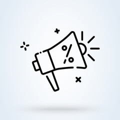 Megaphone with percent discounts line icon or logo. Megaphone Speaker concept. Megaphone promotion linear illustration.
