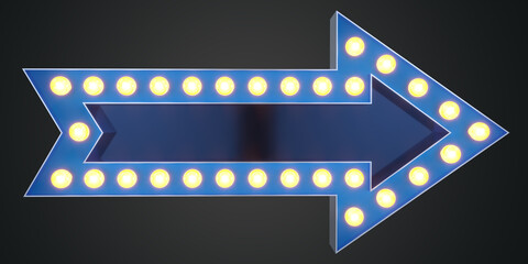 Obraz premium Blue arrow sign with electrical bulbs on dark background