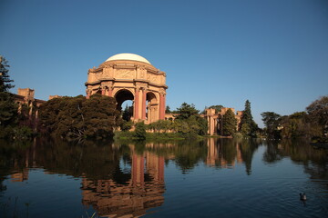 View of Palace of fine arts under blue sky in San Francisco, California, USA