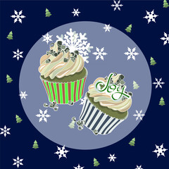 Blue Christmas pattern card with muffins and inscription